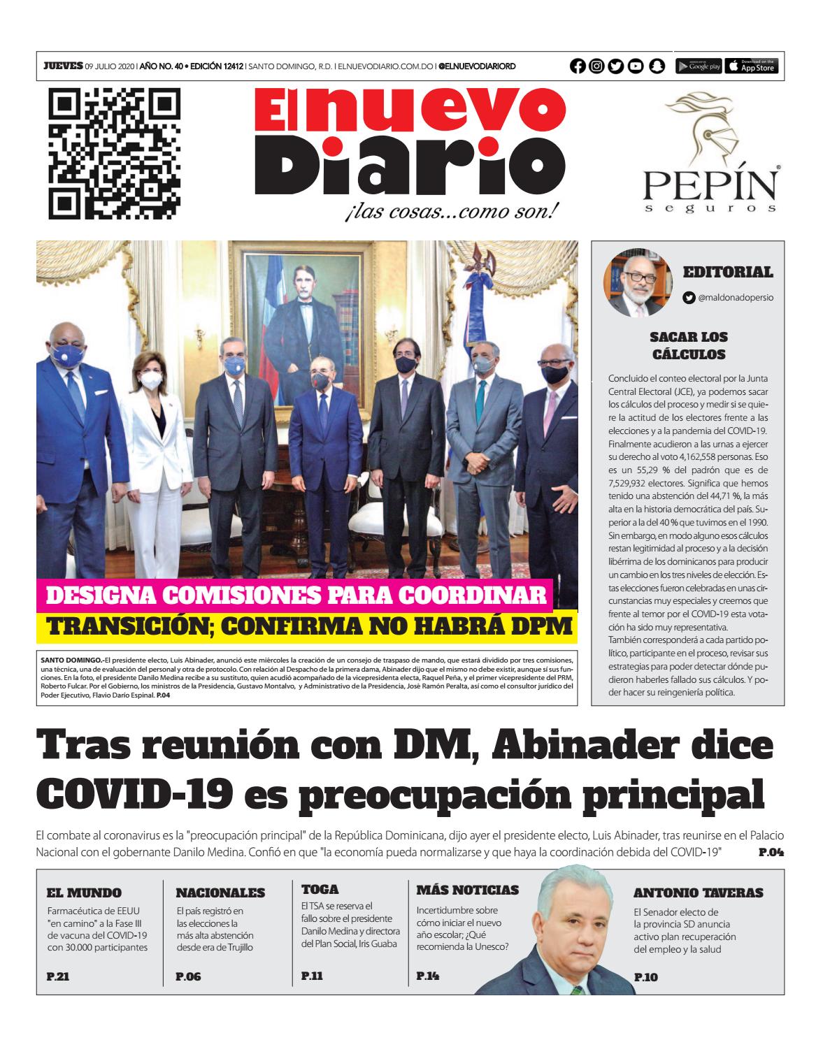 Portada Periódico El Nuevo Diario, Jueves 09 de Julio, 2020