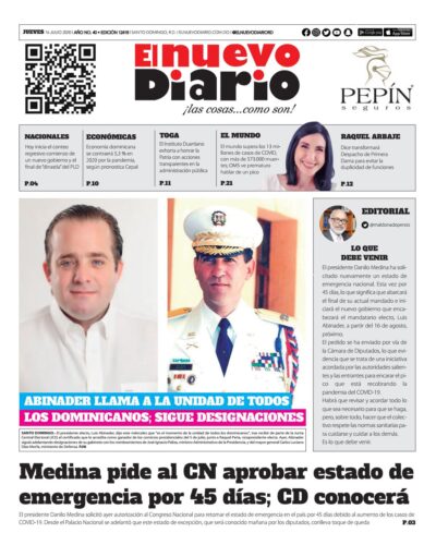 Portada Periódico El Nuevo Diario, Jueves 16 de Julio, 2020