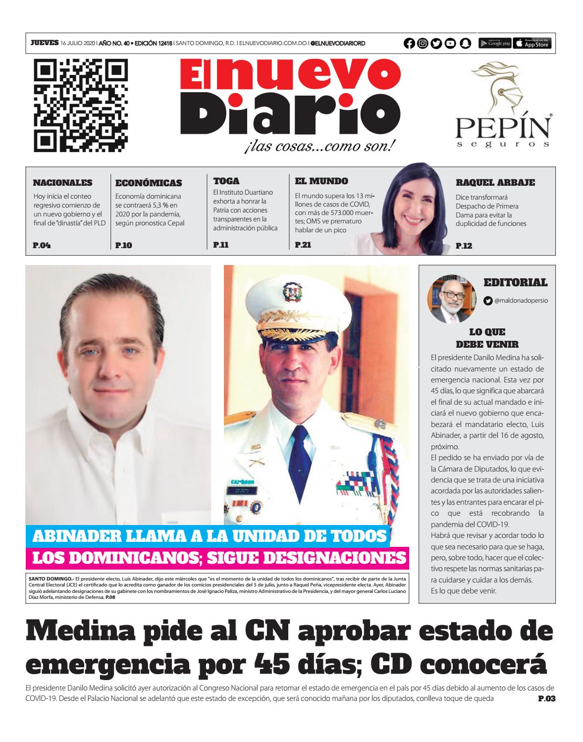 Portada Periódico El Nuevo Diario, Jueves 16 de Julio, 2020