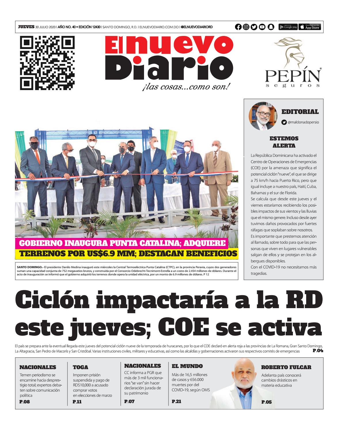 Portada Periódico El Nuevo Diario, Jueves 30 de Julio, 2020