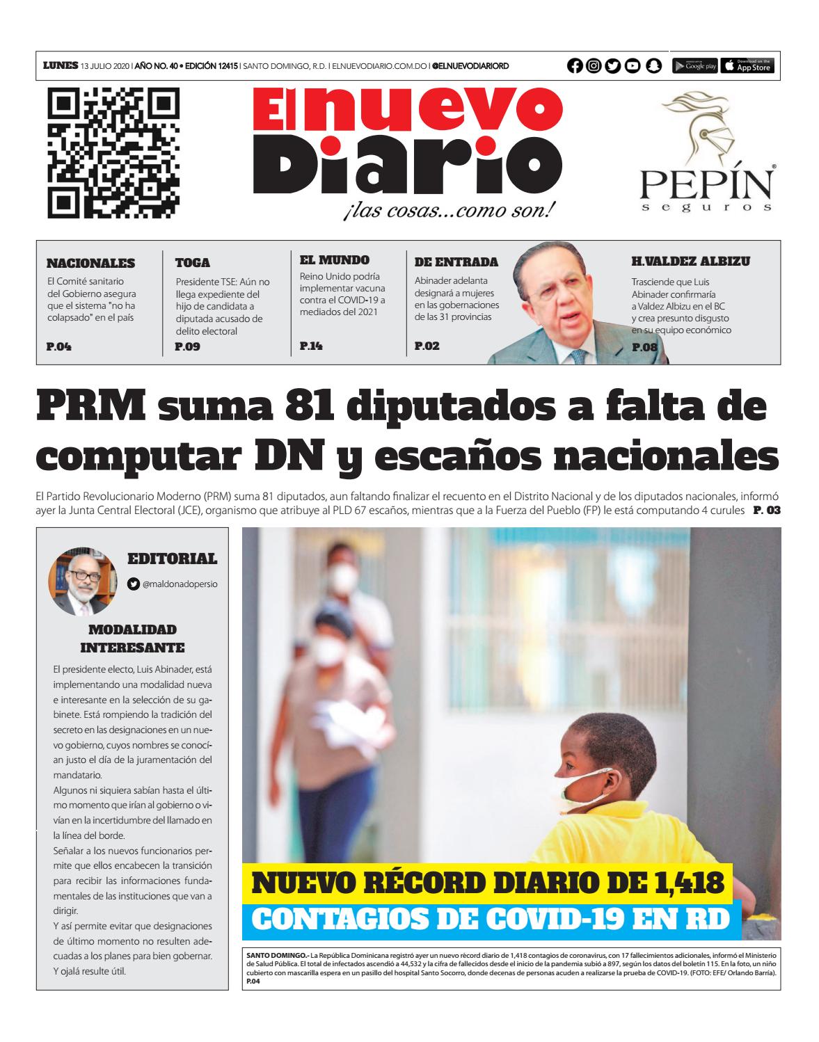 Portada Periódico El Nuevo Diario, Lunes 13 de Julio, 2020