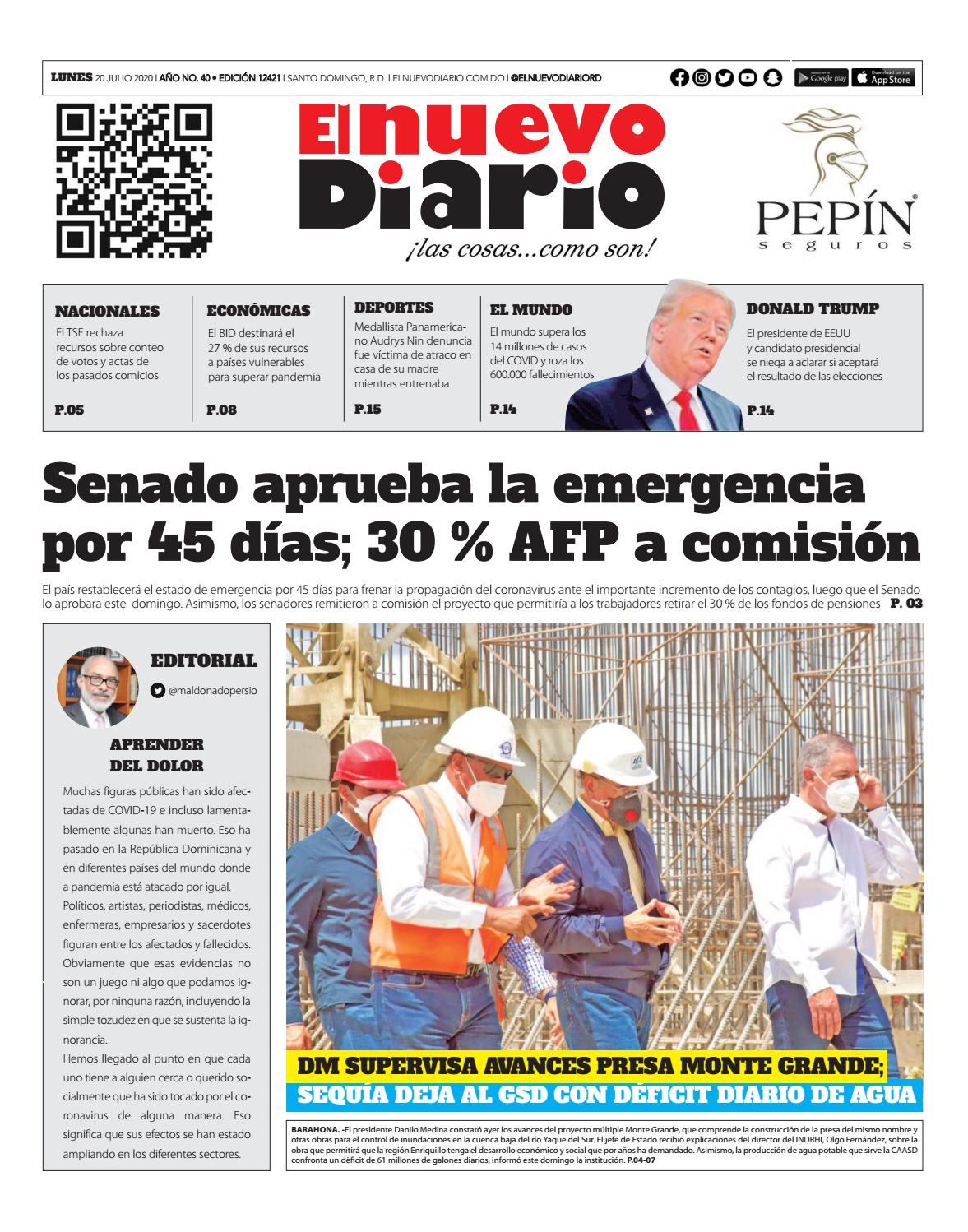 Portada Periódico El Nuevo Diario, Lunes 20 de Julio, 2020