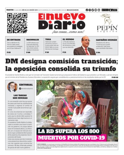 Portada Periódico El Nuevo Diario, Martes 07 de Julio, 2020