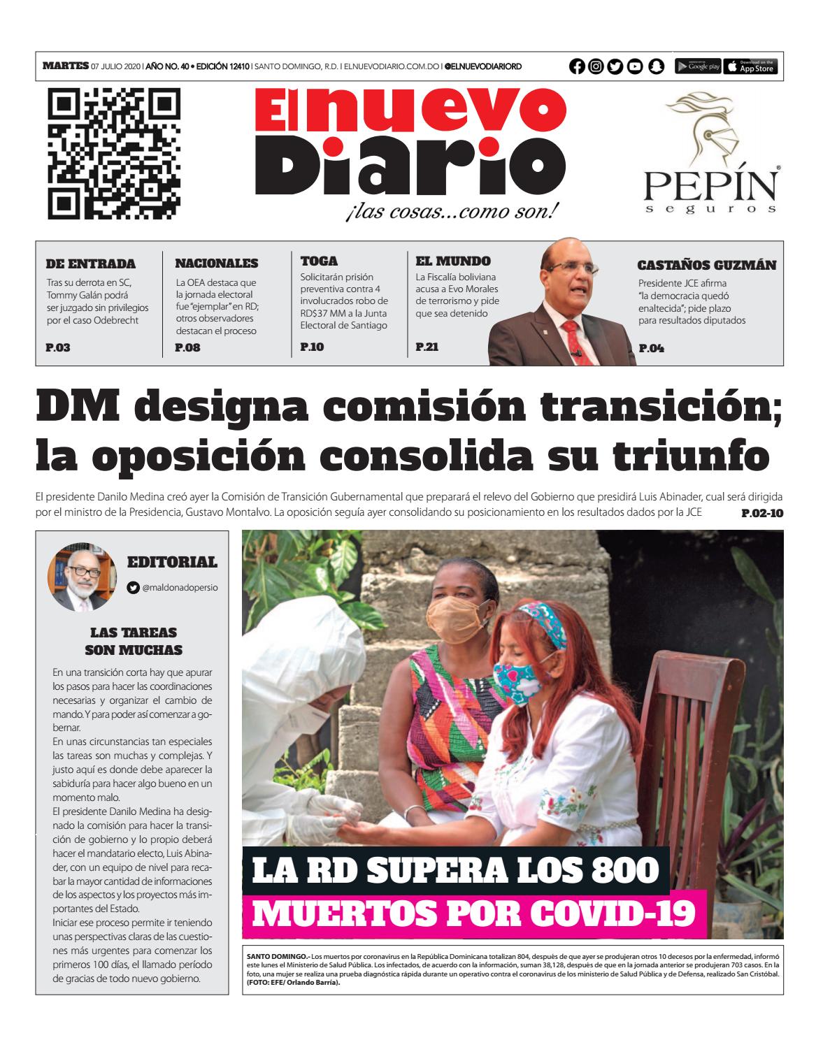 Portada Periódico El Nuevo Diario, Martes 07 de Julio, 2020
