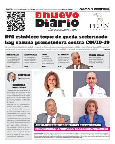 Portada Periódico El Nuevo Diario, Martes 21 de Julio, 2020