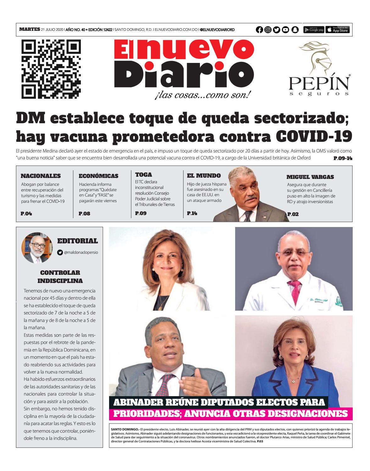 Portada Periódico El Nuevo Diario, Martes 21 de Julio, 2020