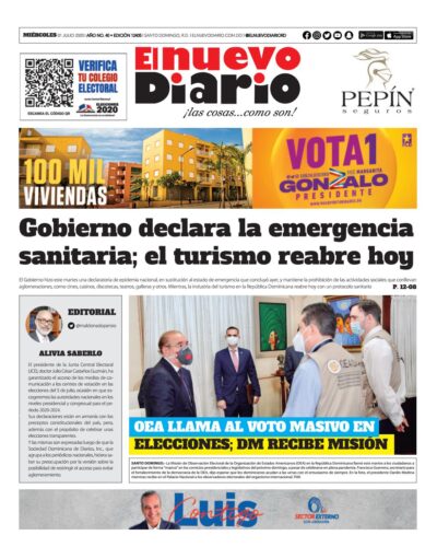 Portada Periódico El Nuevo Diario, Miércoles 01 de Julio, 2020