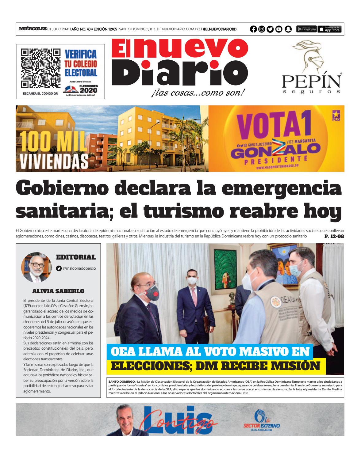 Portada Periódico El Nuevo Diario, Miércoles 01 de Julio, 2020