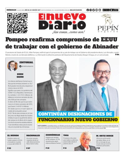 Portada Periódico El Nuevo Diario, Miércoles 15 de Julio, 2020