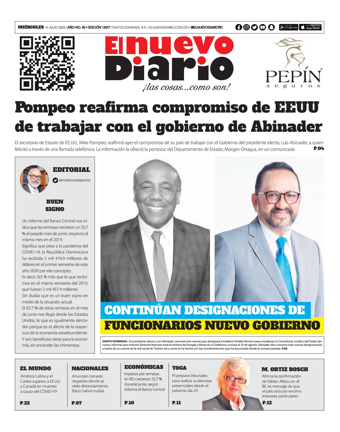 Portada Periódico El Nuevo Diario, Miércoles 15 de Julio, 2020