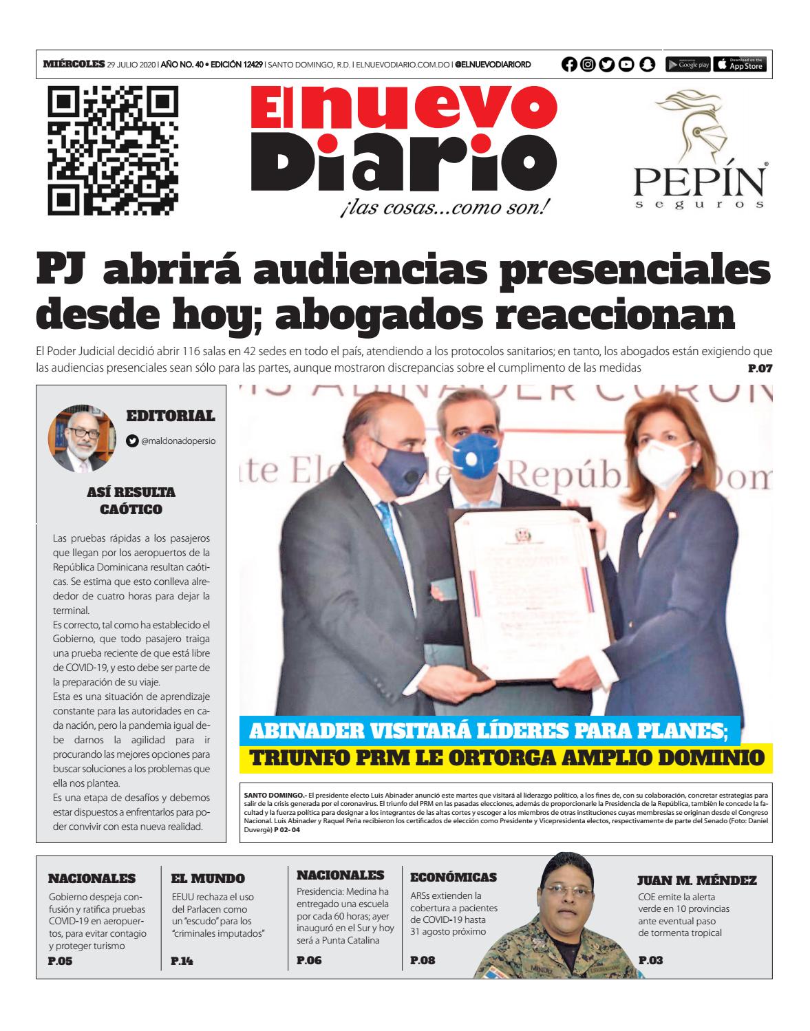 Portada Periódico El Nuevo Diario, Miércoles 29 de Julio, 2020