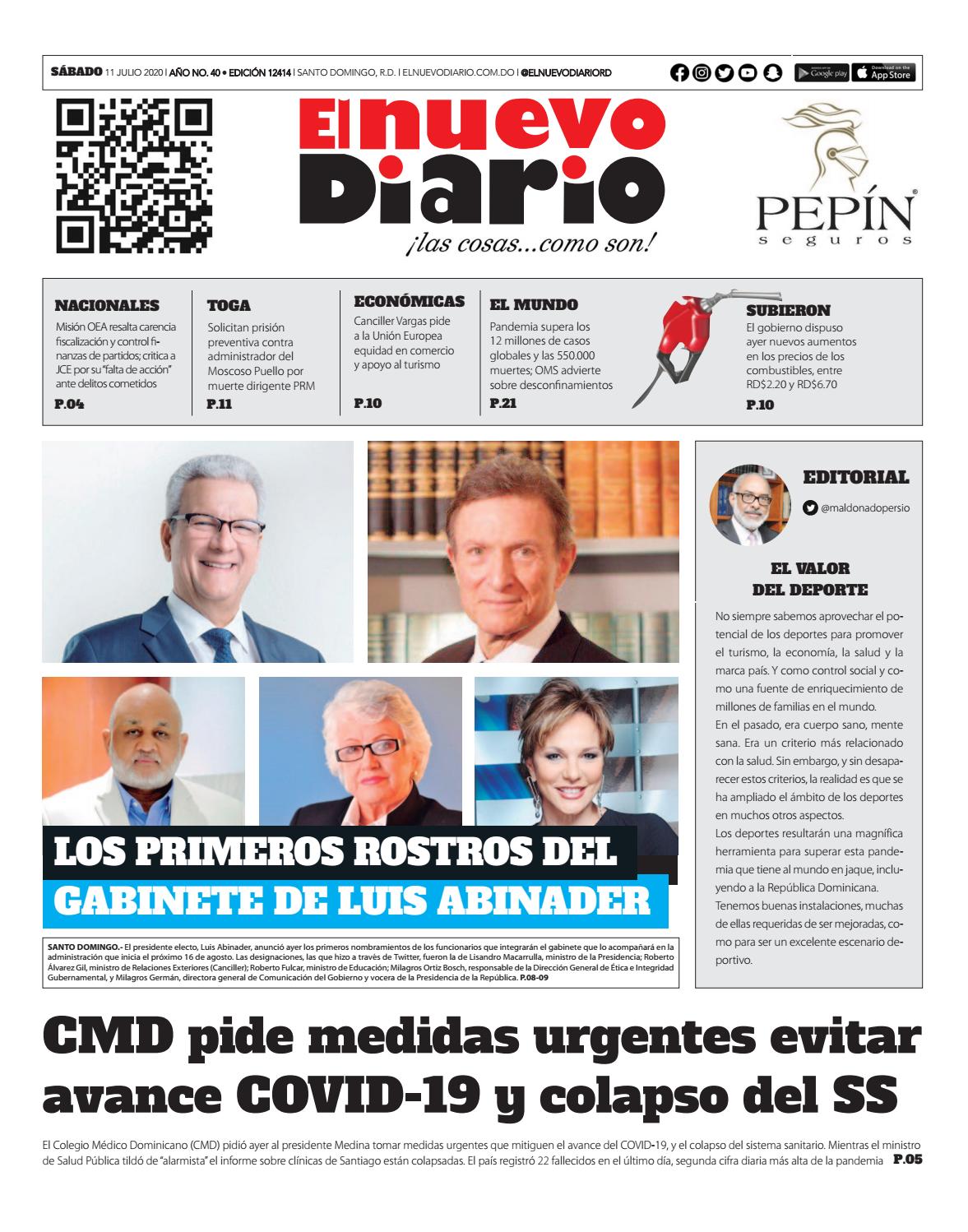 Portada Periódico El Nuevo Diario, Sábado 11 de Julio, 2020