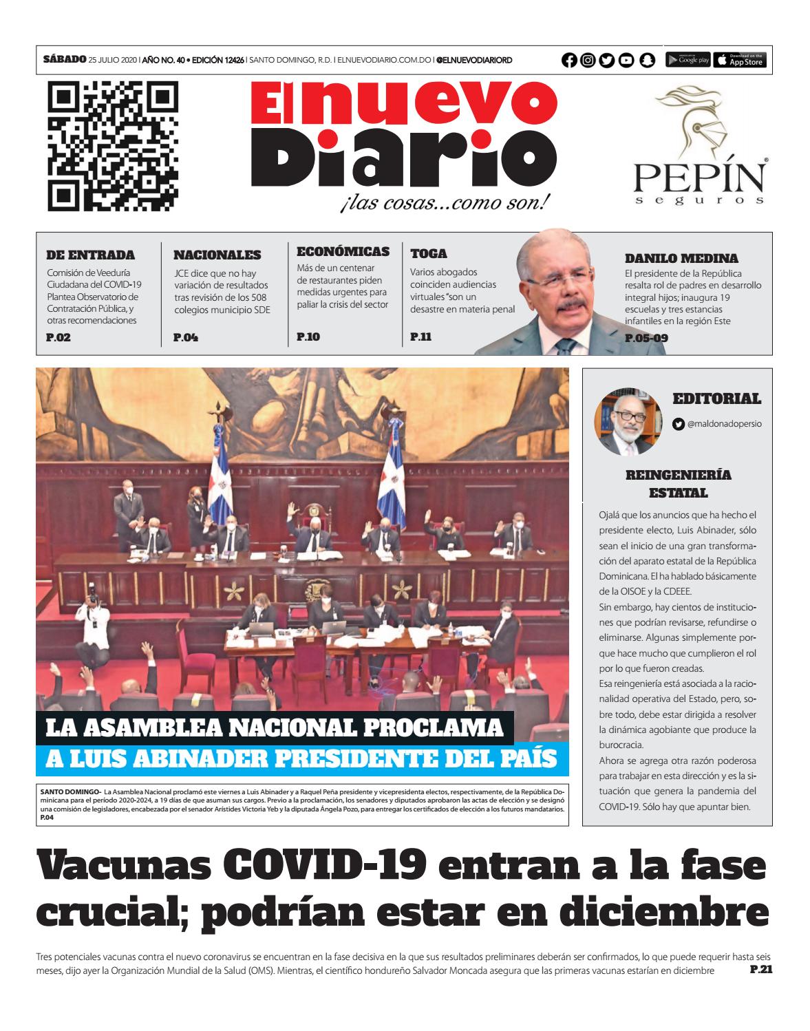 Portada Periódico El Nuevo Diario, Sábado 25 de Julio, 2020