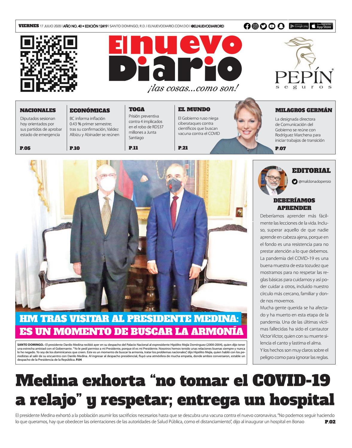 Portada Periódico El Nuevo Diario, Viernes 17 de Julio, 2020