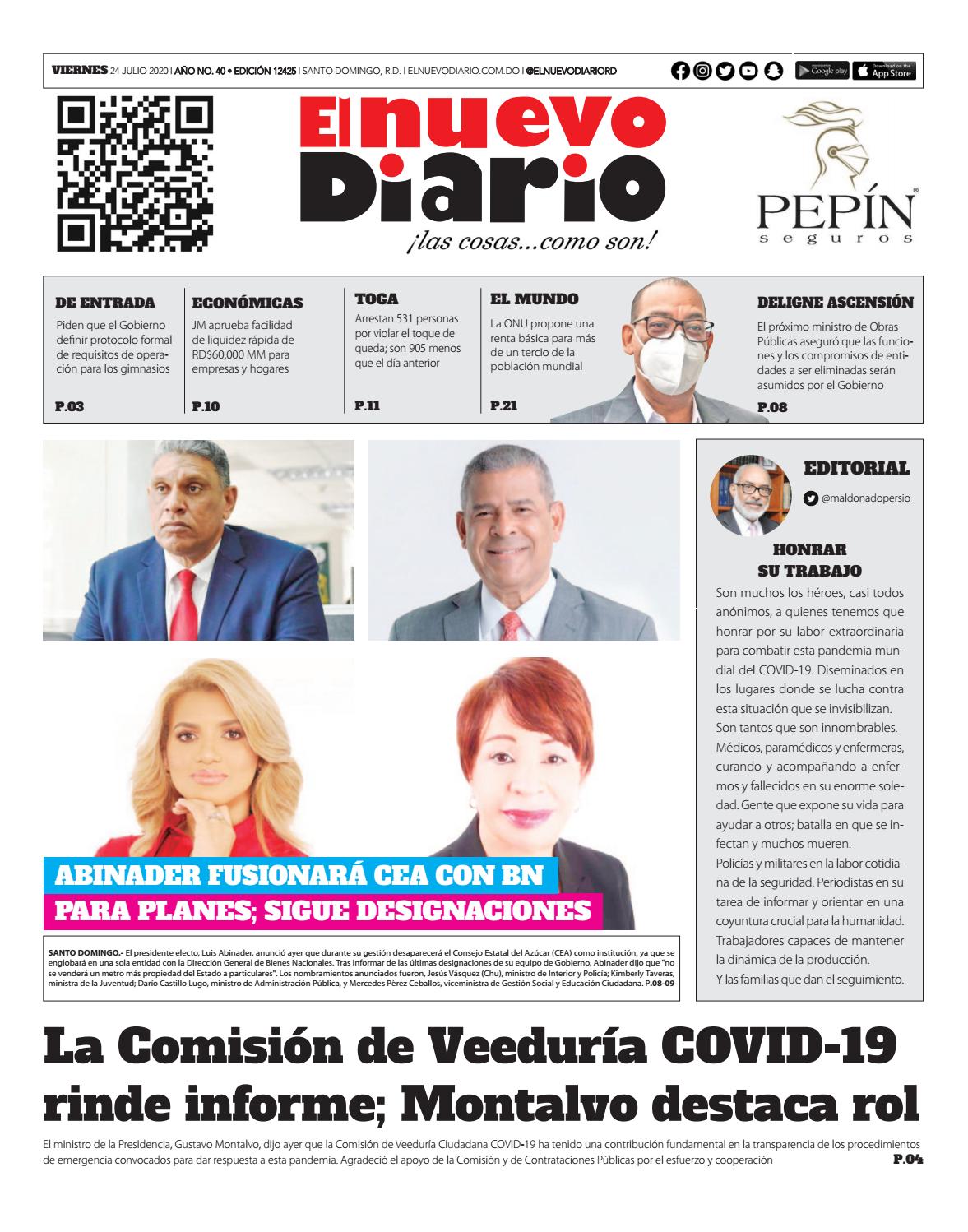 Portada Periódico El Nuevo Diario, Viernes 24 de Julio, 2020