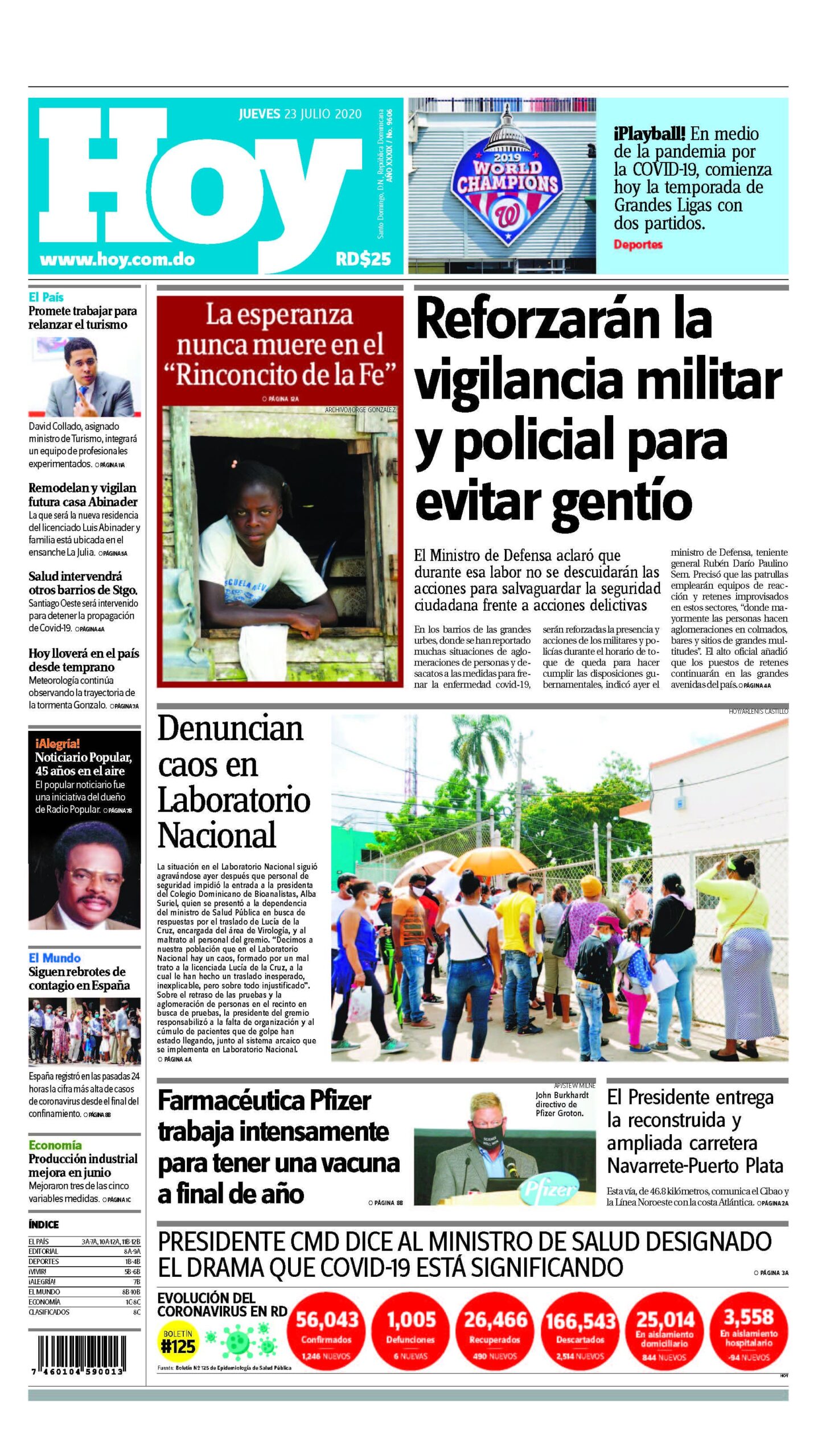 Portada Periódico Hoy, Jueves 23 de Julio, 2020