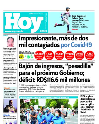 Portada Periódico Hoy, Lunes 27 de Julio, 2020