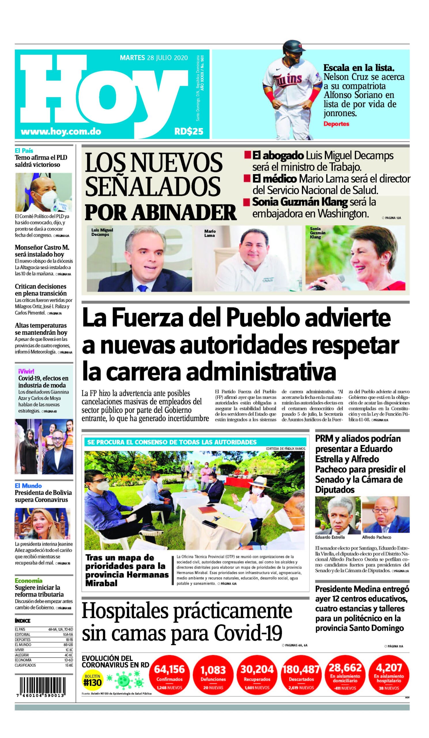 Portada Periódico Hoy, Martes 28 de Julio, 2020