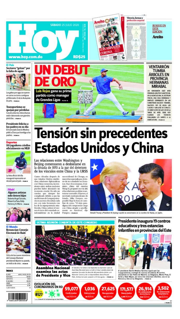 Portada Periódico Hoy, Sábado 25 de Julio, 2020