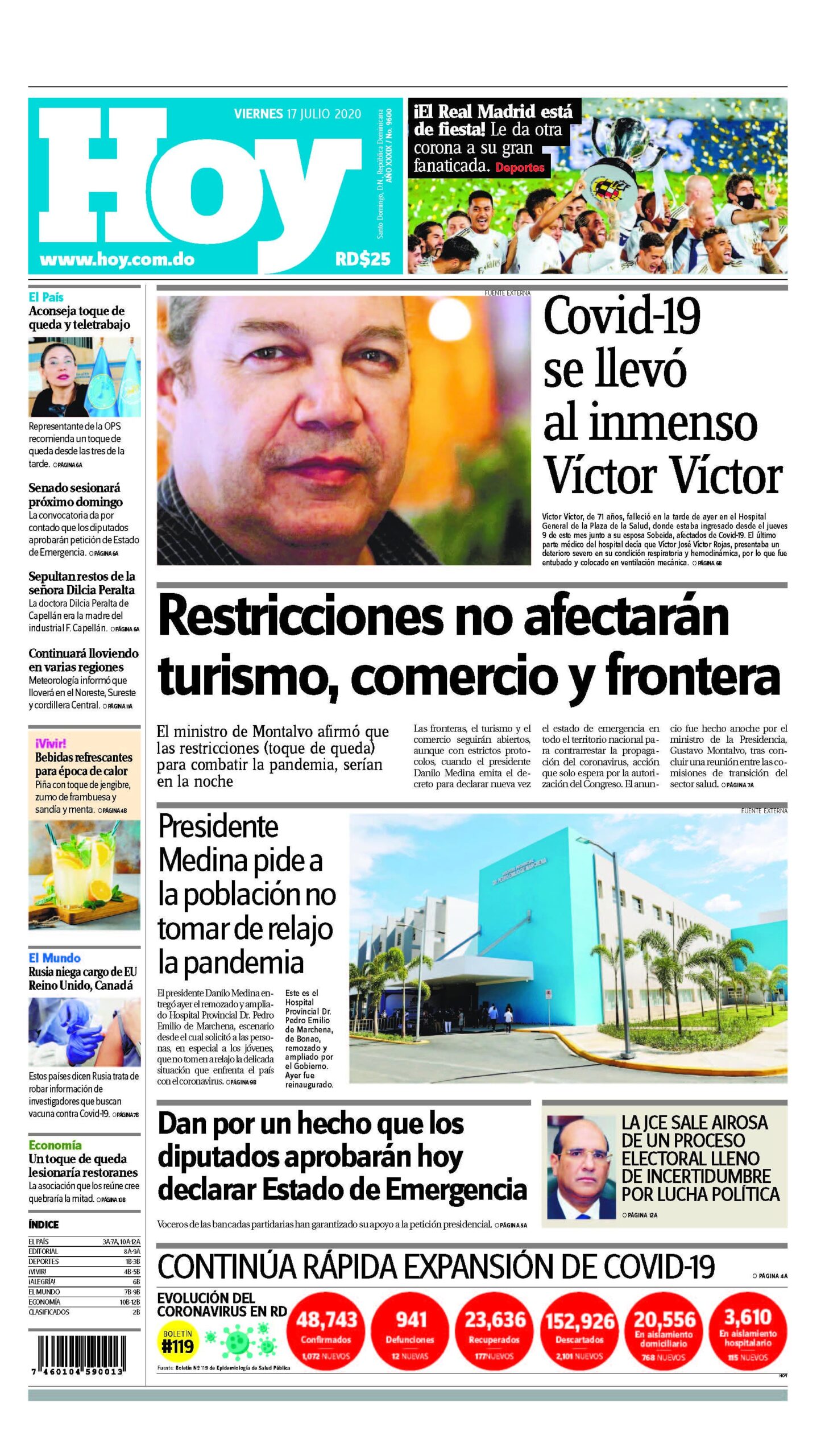 Portada Periódico Hoy, Viernes 17 de Julio, 2020