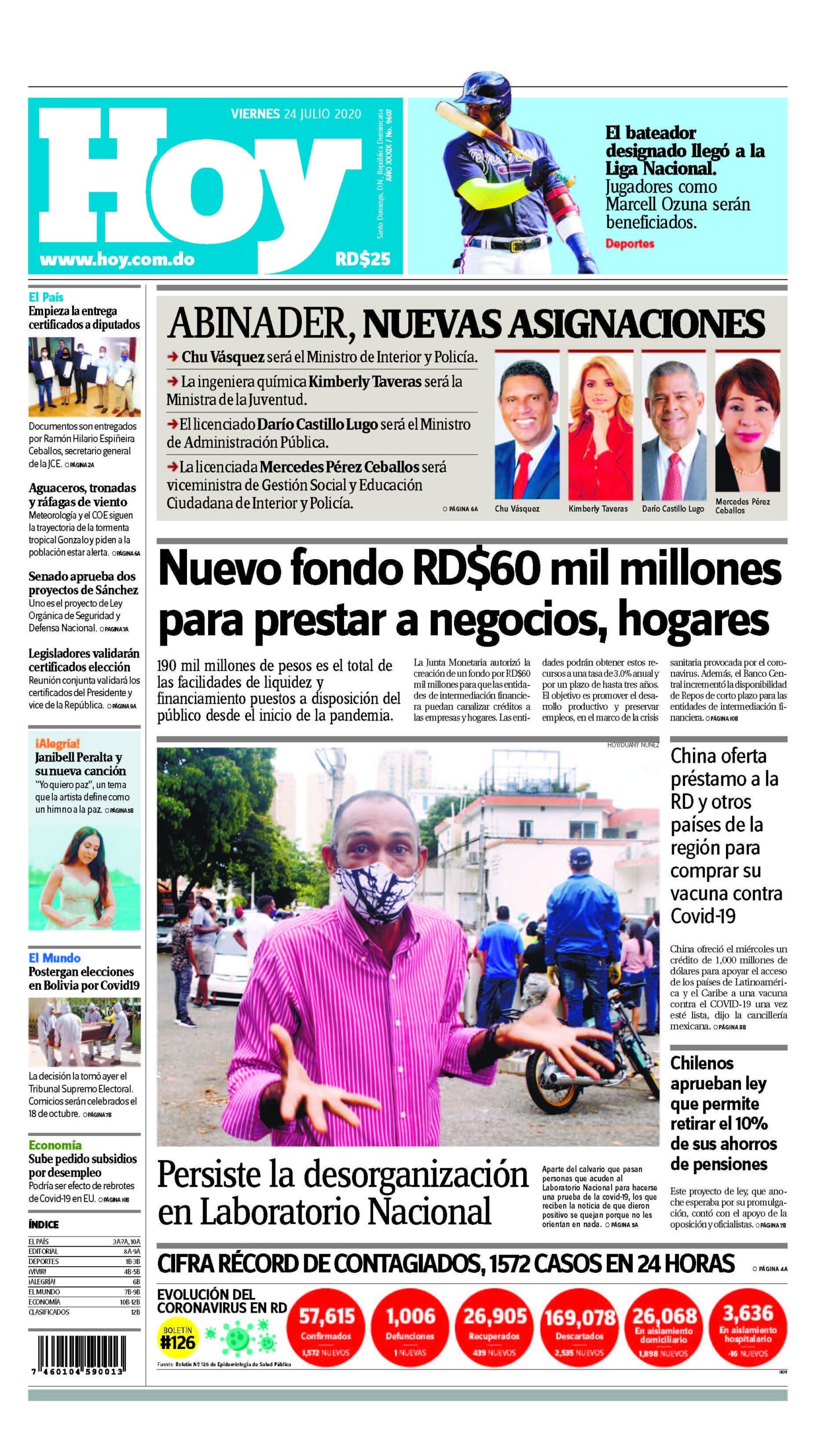 Portada Periódico Hoy, Viernes 24 de Julio, 2020