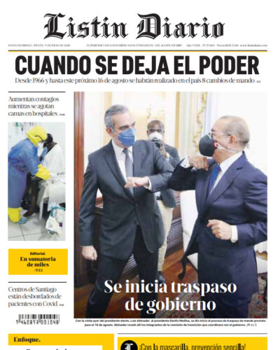 Portada Periódico Listín Diario, Jueves 09 de Julio, 2020