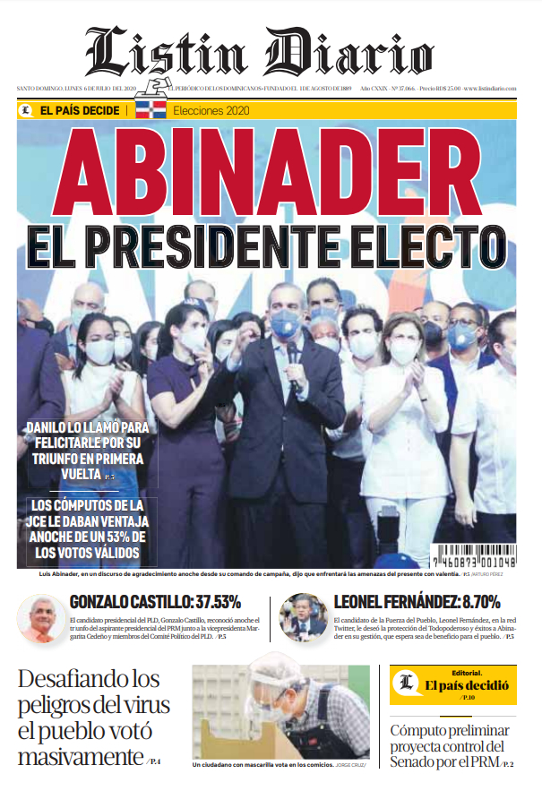 Portada Periódico Listín Diario, Lunes 06 de Julio, 2020