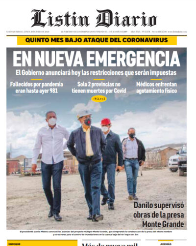 Portada Periódico Listín Diario, Lunes 20 de Julio, 2020