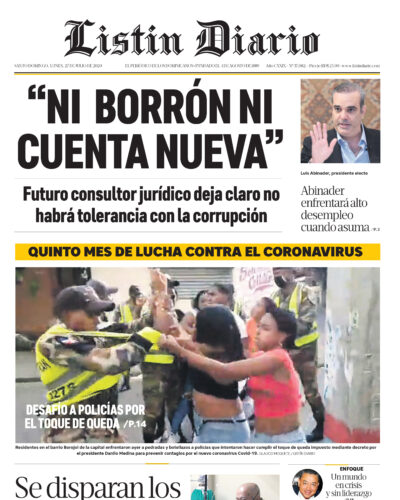 Portada Periódico Listín Diario, Lunes 27 de Julio, 2020