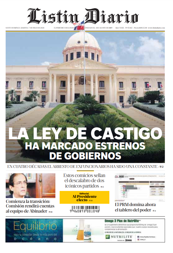 Portada Periódico Listín Diario, Martes 07 de Julio, 2020