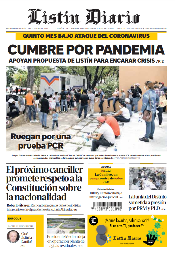 Portada Periódico Listín Diario, Miércoles 15 de Julio, 2020