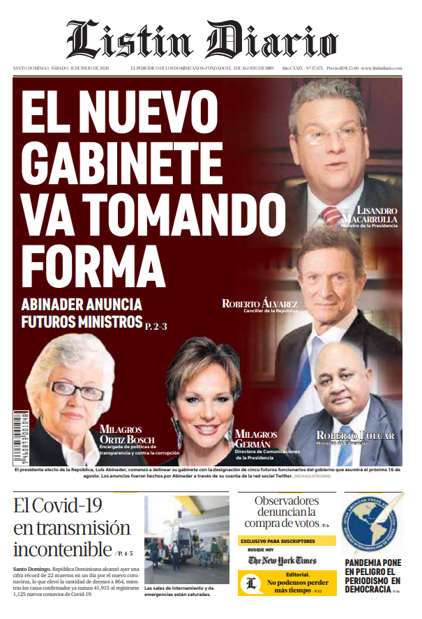 Portada Periódico Listín Diario, Sábado 11 de Julio, 2020