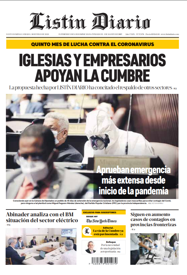 Portada Periódico Listín Diario, Sábado 18 de Julio, 2020