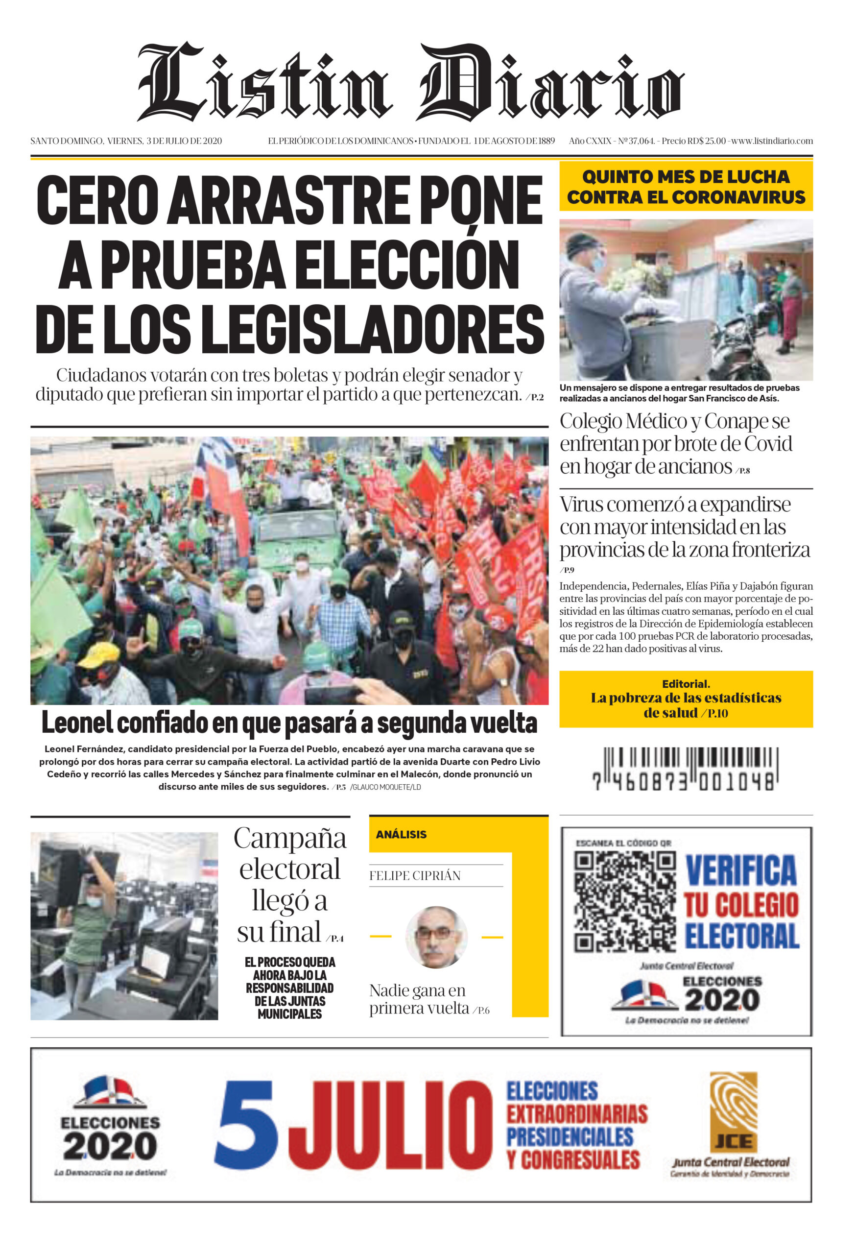 Portada Periódico Listín Diario, Viernes 03 de Julio, 2020