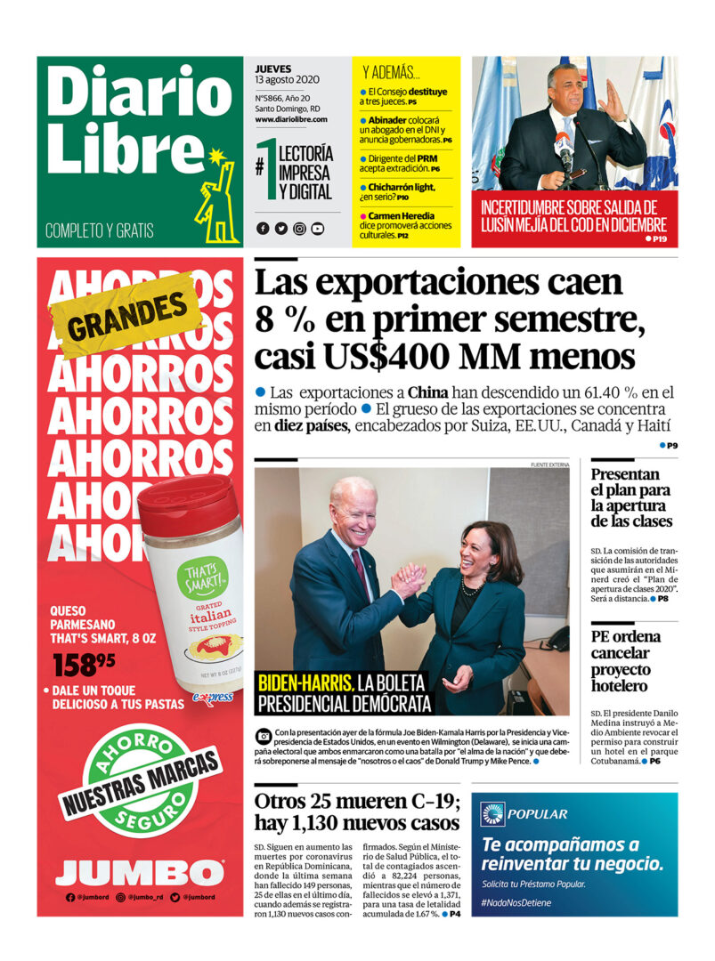 Portada Periódico Diario Libre, Jueves 13 de Agosto, 2020