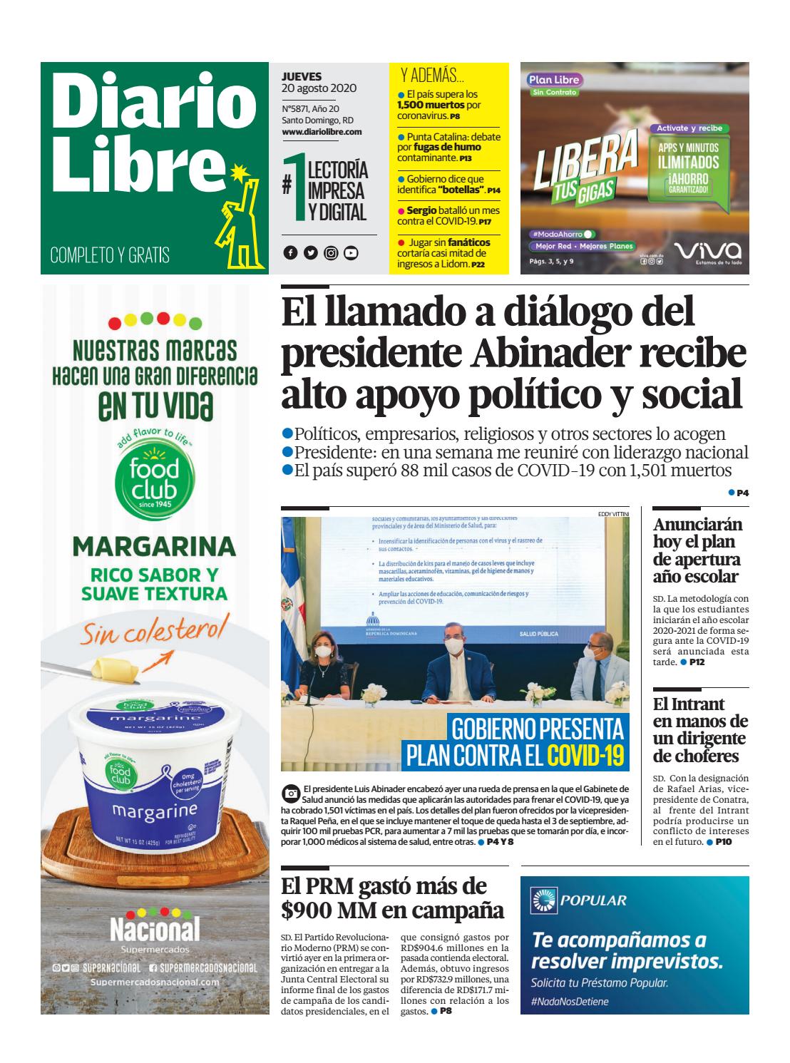 Portada Periódico Diario Libre, Jueves 20 de Agosto, 2020
