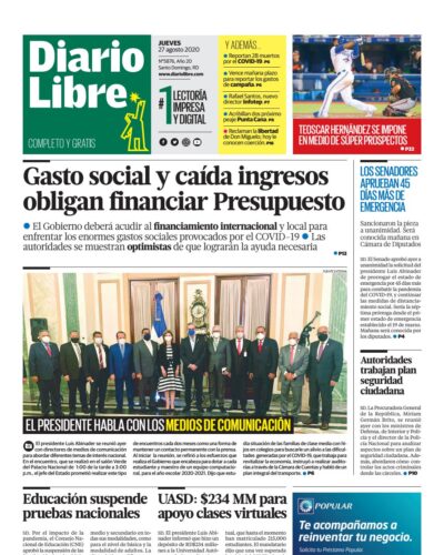 Portada Periódico Diario Libre, Jueves 27 de Agosto, 2020