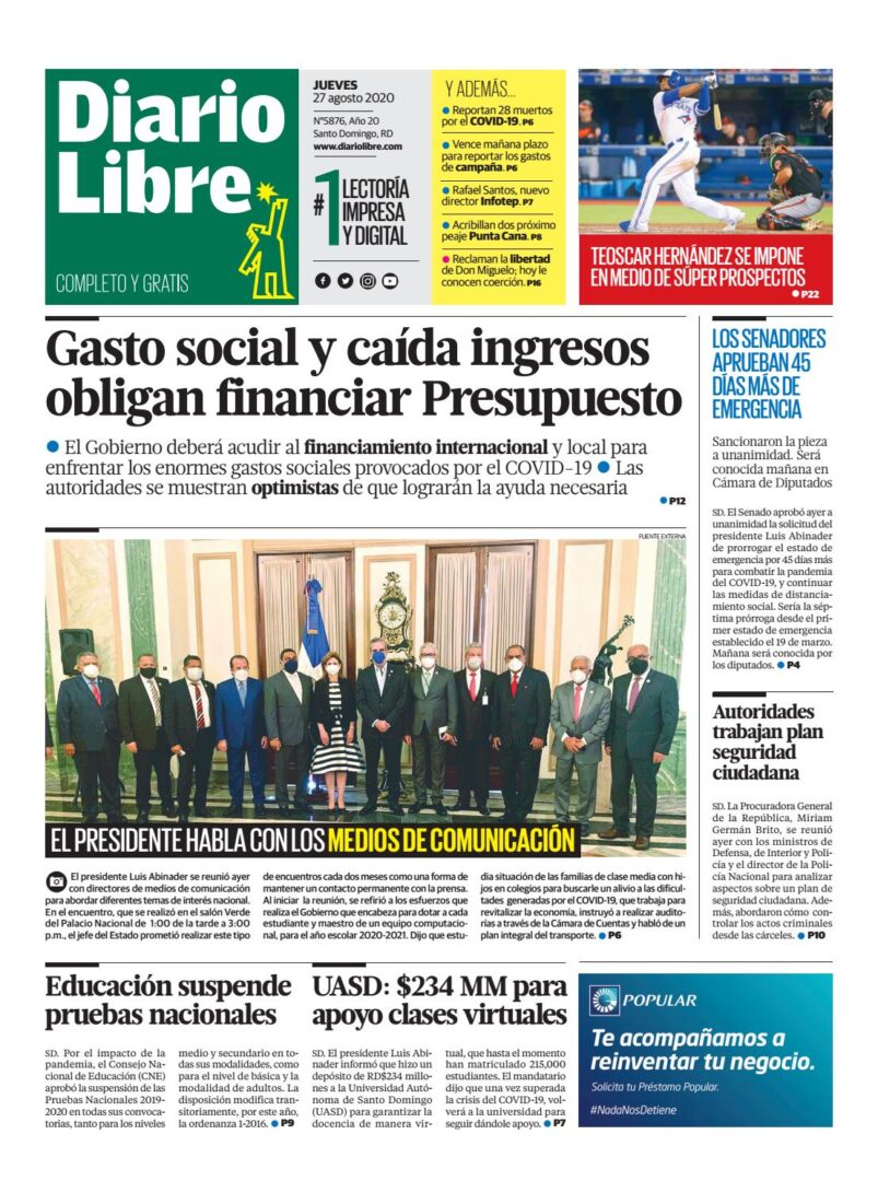 Portada Periódico Diario Libre, Jueves 27 de Agosto, 2020