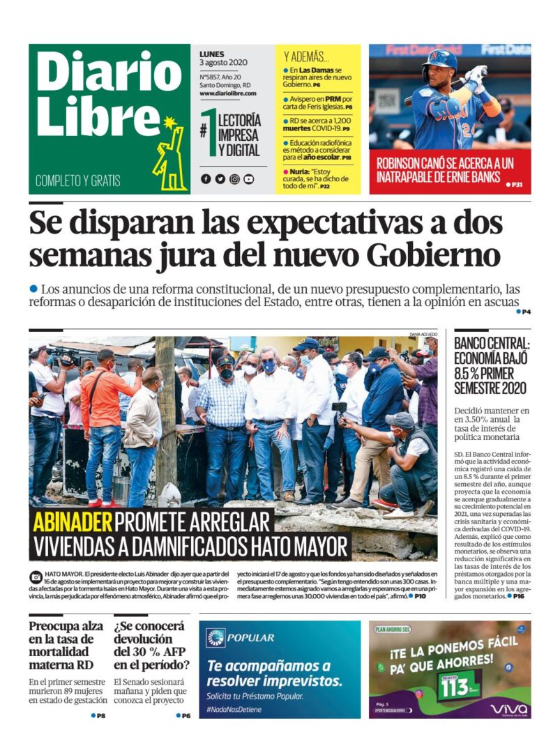 Portada Periódico Diario Libre, Lunes 03 de Agosto, 2020