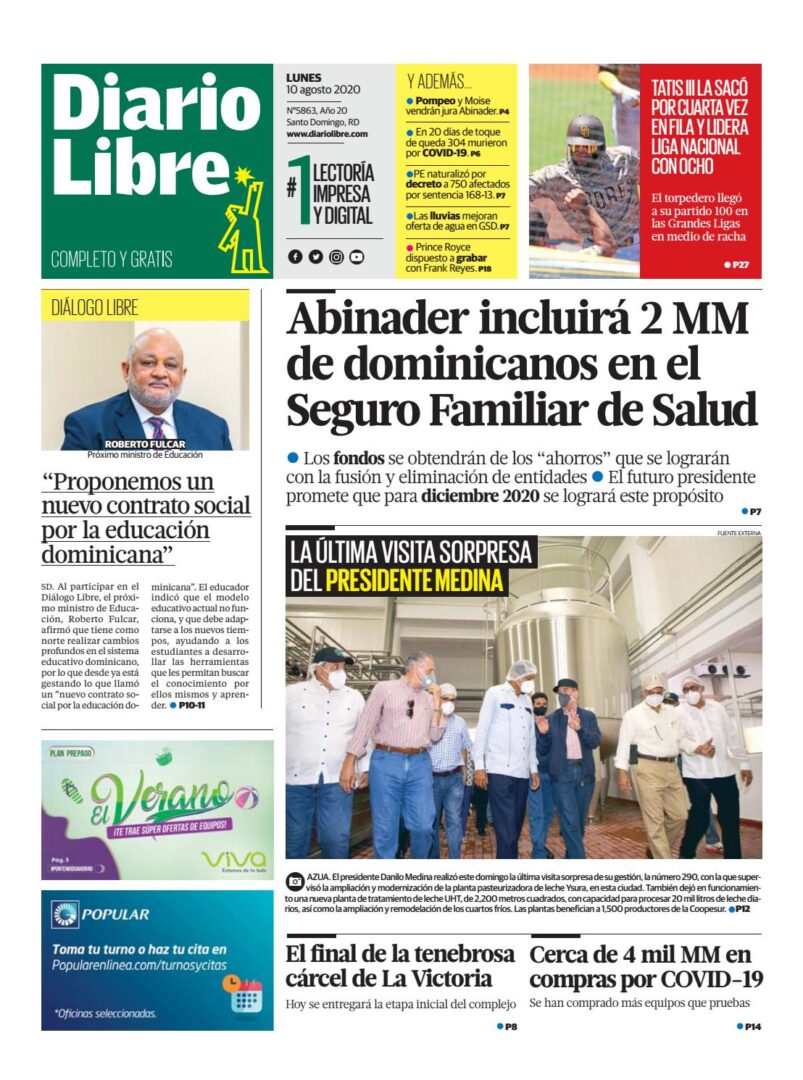 Portada Periódico Diario Libre, Lunes 10 de Agosto, 2020
