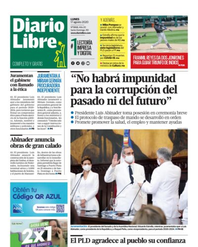 Portada Periódico Diario Libre, Lunes 17 de Agosto, 2020