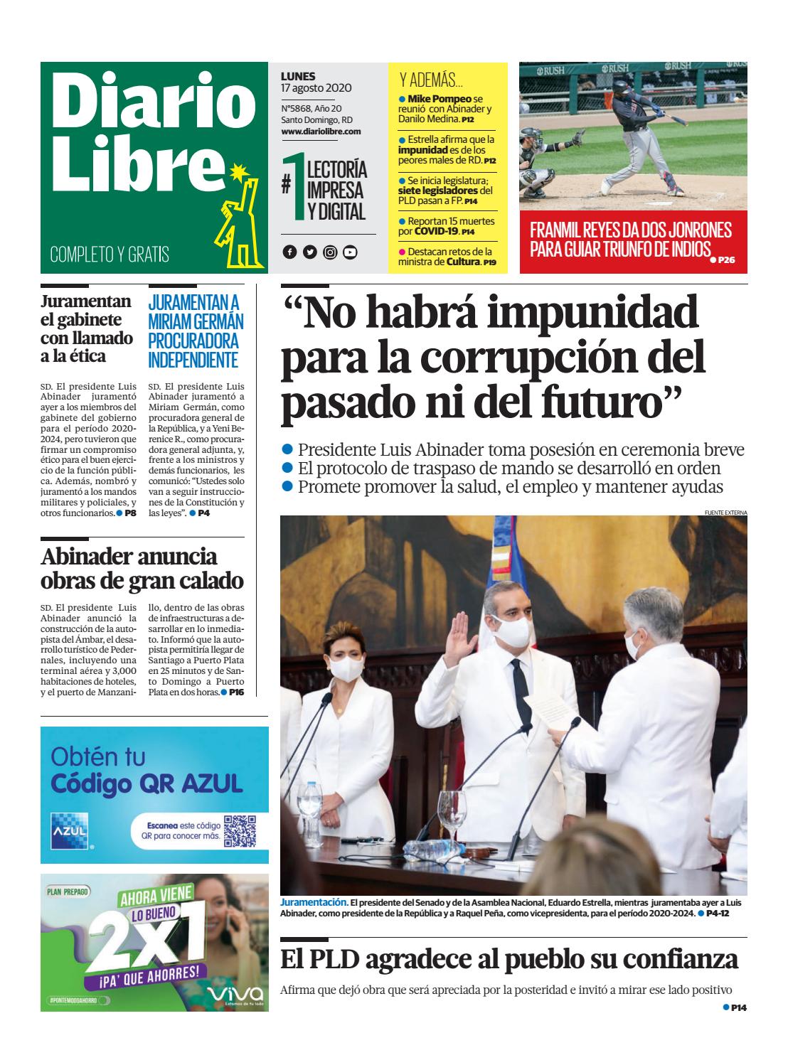 Portada Periódico Diario Libre, Lunes 17 de Agosto, 2020 