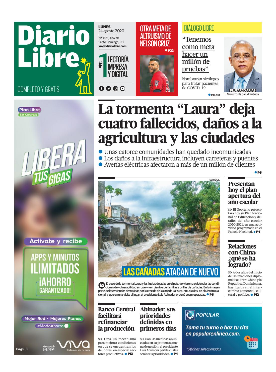Portada Periódico Diario Libre, Lunes 24 de Agosto, 2020