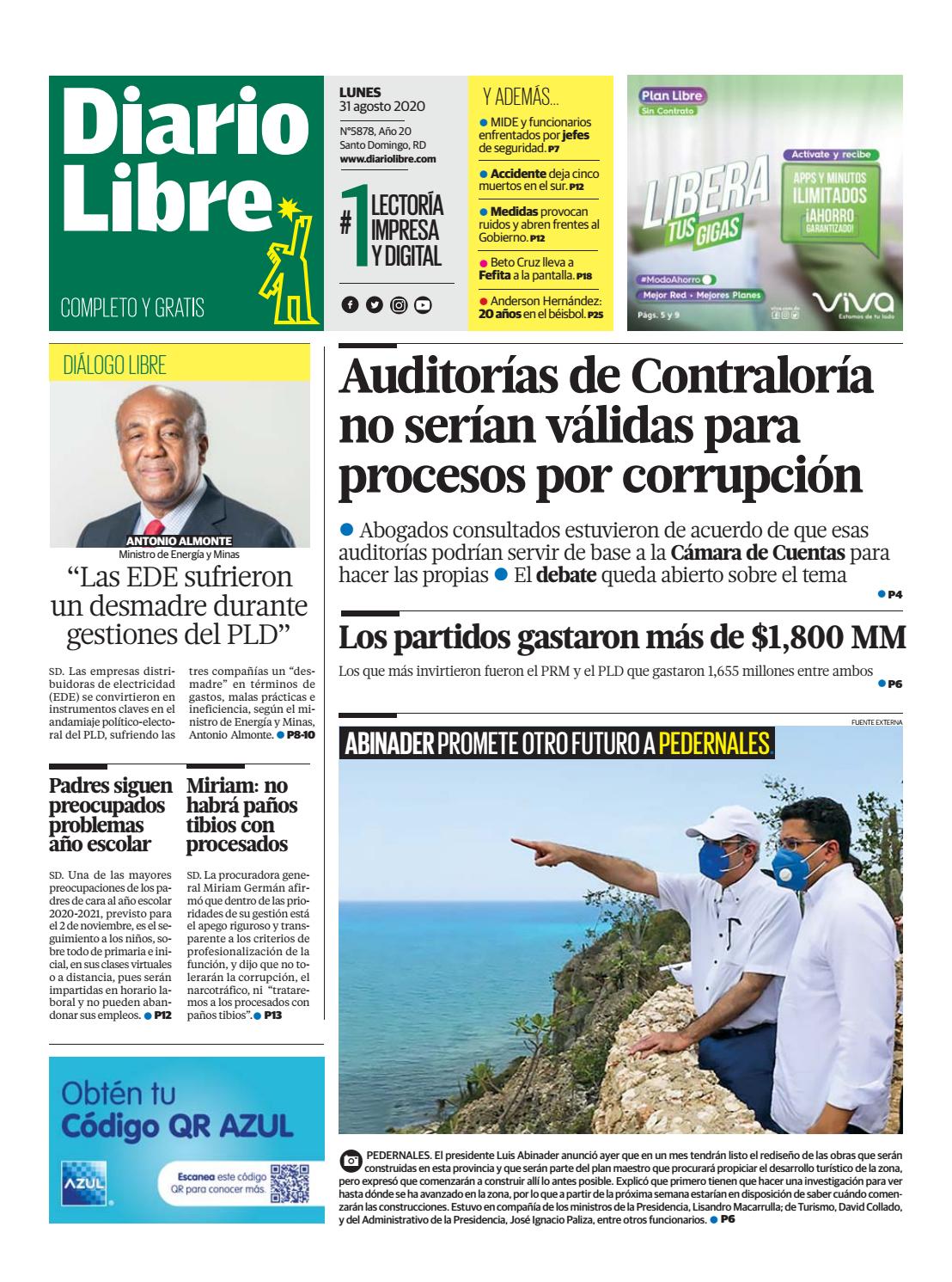 Portada Periódico Diario Libre, Lunes 31 de Agosto, 2020