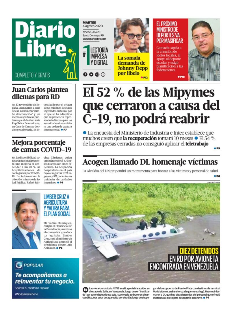 Portada Periódico Diario Libre, Martes 04 de Agosto, 2020