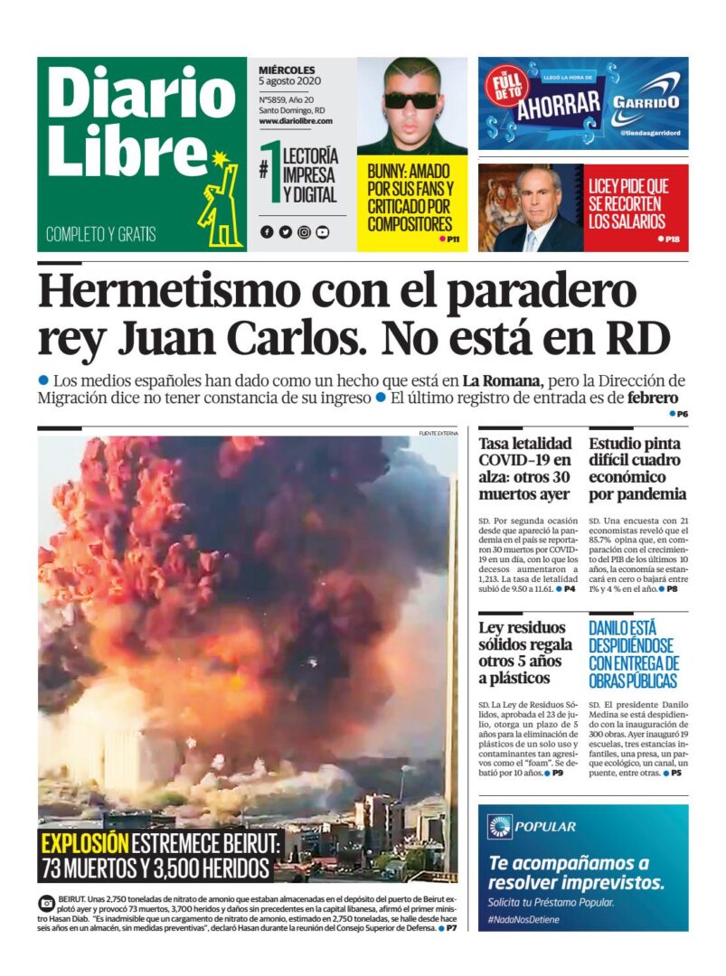 Portada Periódico Diario Libre, Martes 05 de Agosto, 2020
