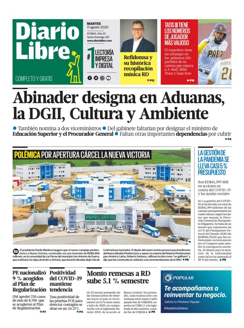 Portada Periódico Diario Libre, Martes 11 de Agosto, 2020