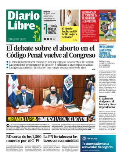 Portada Periódico Diario Libre, Martes 18 de Agosto, 2020