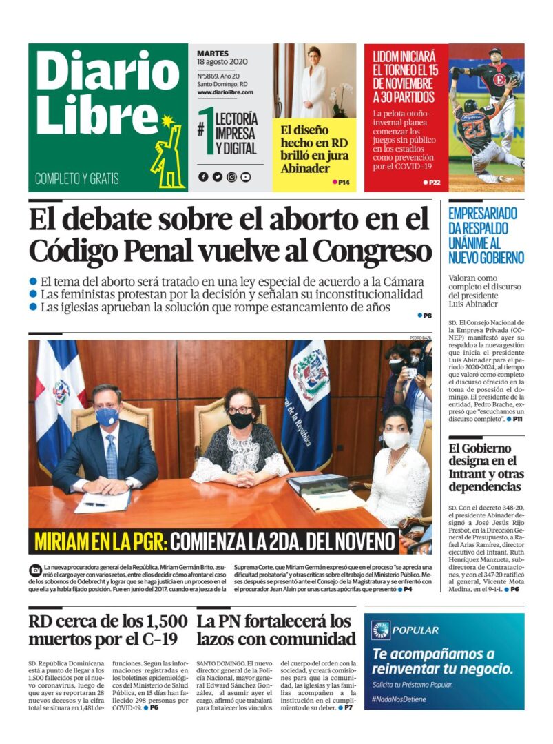 Portada Periódico Diario Libre, Martes 18 de Agosto, 2020
