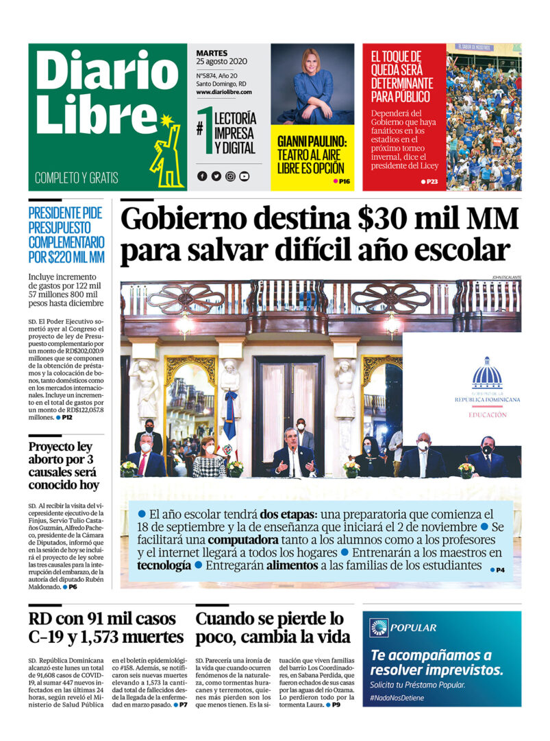 Portada Periódico Diario Libre, Martes 25 de Agosto, 2020